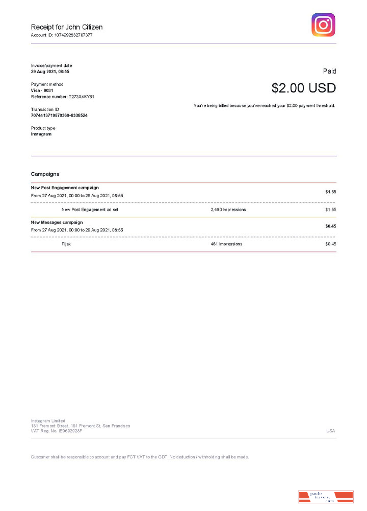 USA Instagram invoice template PSD template